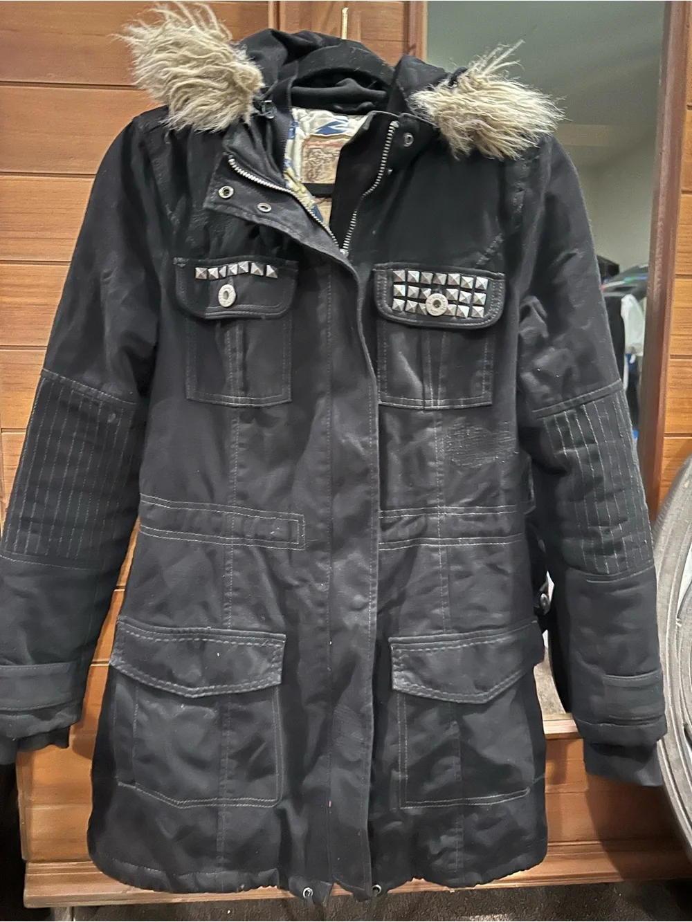 Guess Black Utility Parka with Faux-Fur Trim